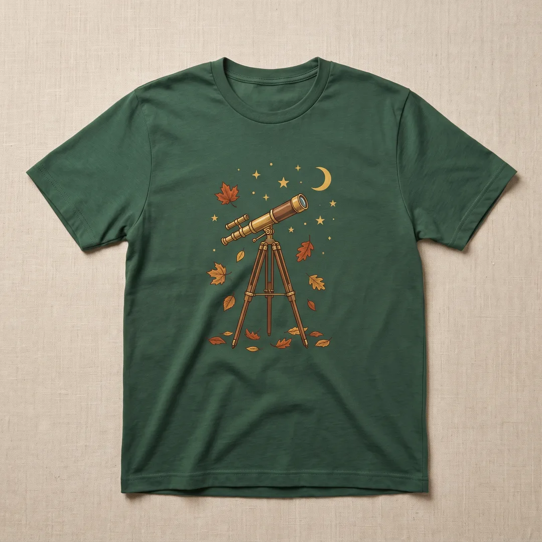 Forest green t-shirt printed with a brass telescope, a crescent moon and falling leaves