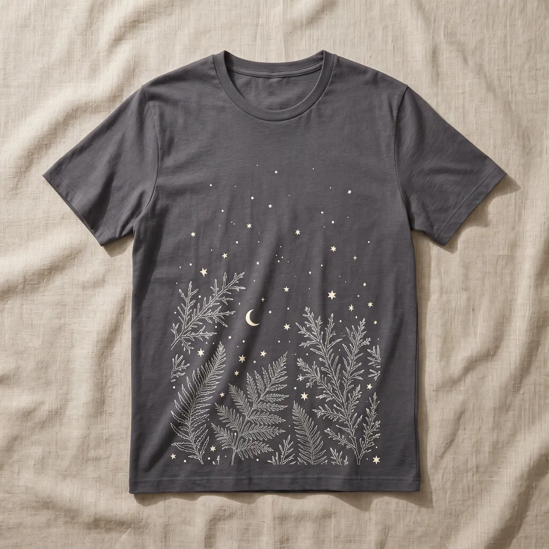 Charcoal t-shirt printed with frost patterns dissolving into stars