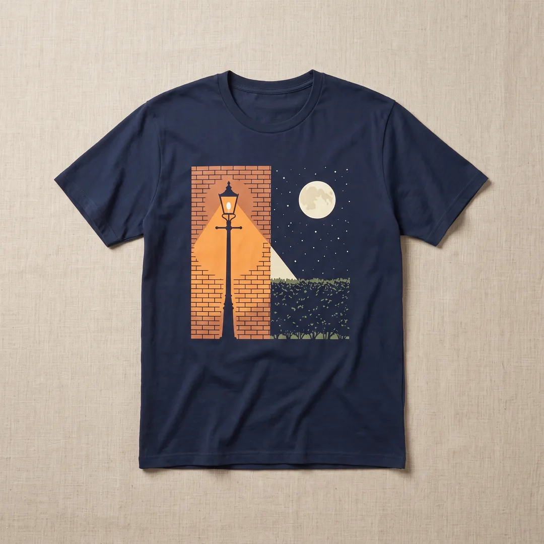 Navy t-shirt printed with a split scene of a streetlamp and a moonlit starry field