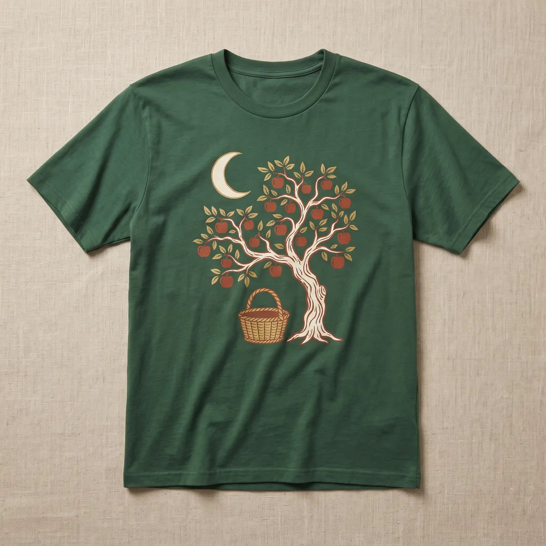 Forest green t-shirt printed with a crescent moon over an apple tree
