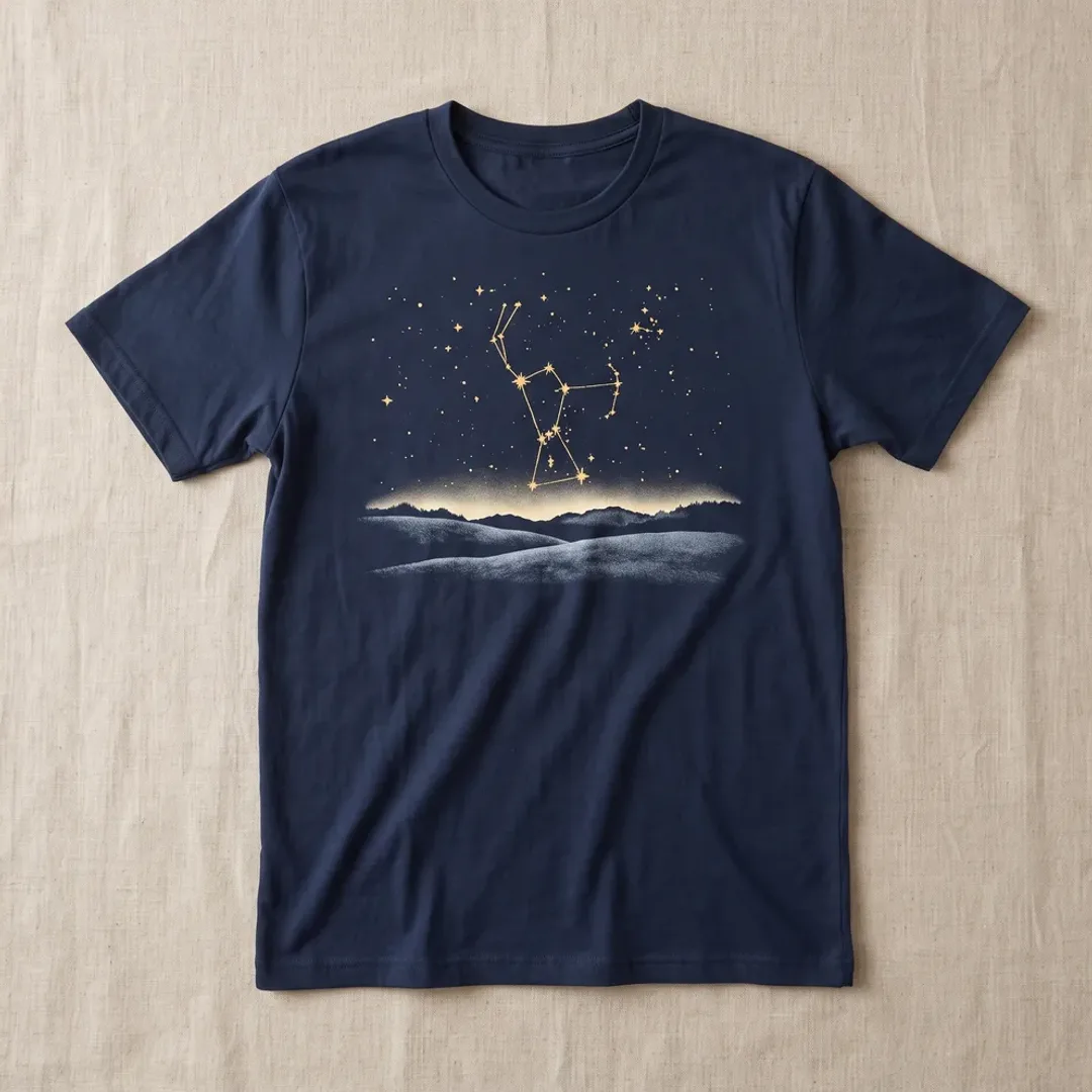 Navy t-shirt printed with the Orion constellation rising over frosty hills