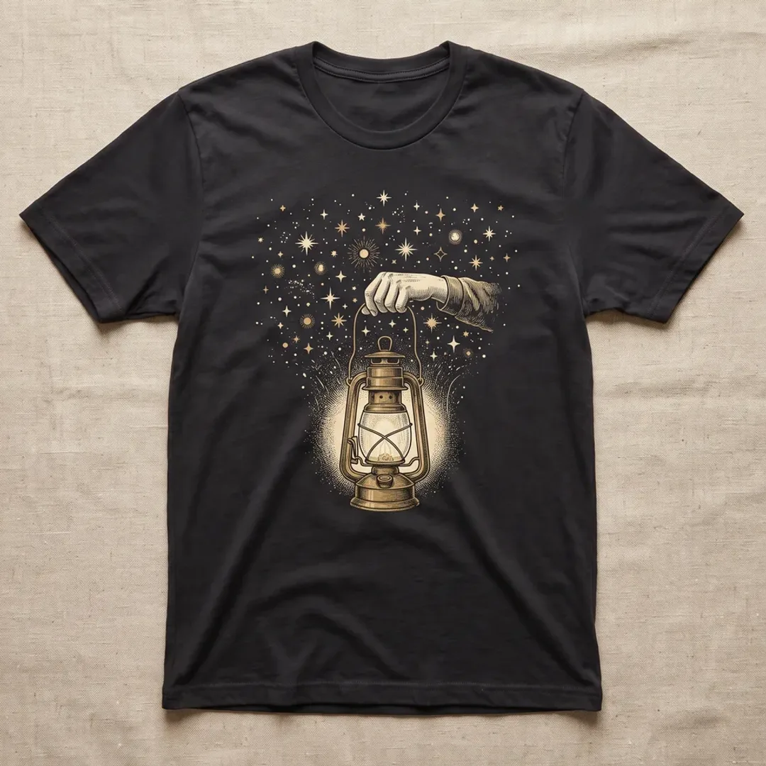 Black t-shirt printed with a hand holding a brass lantern up to a starry sky