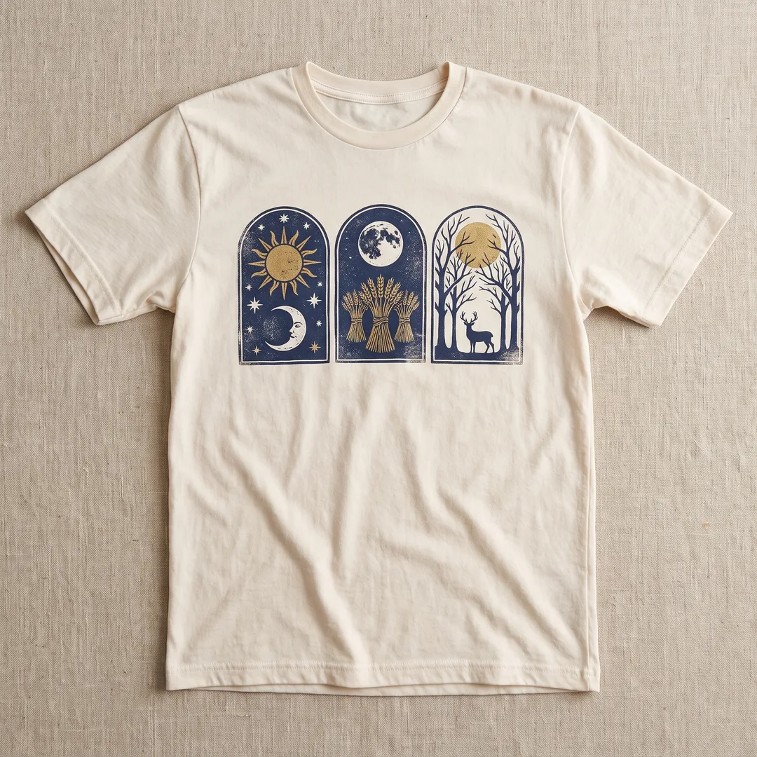 Bone t-shirt printed with three arched almanac panels of the autumn sky