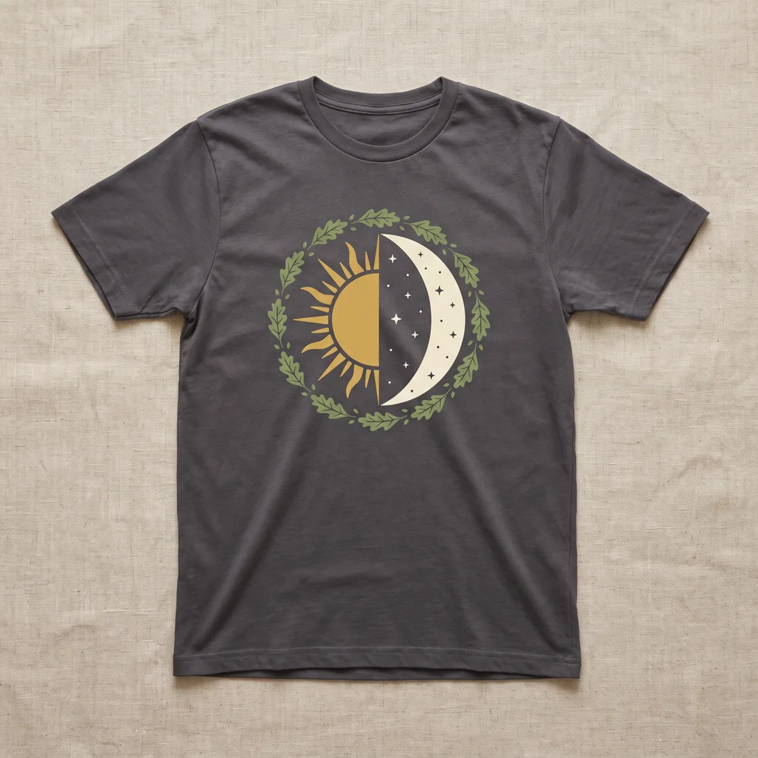 Charcoal t-shirt printed with a circle split between a gold sun and a crescent moon