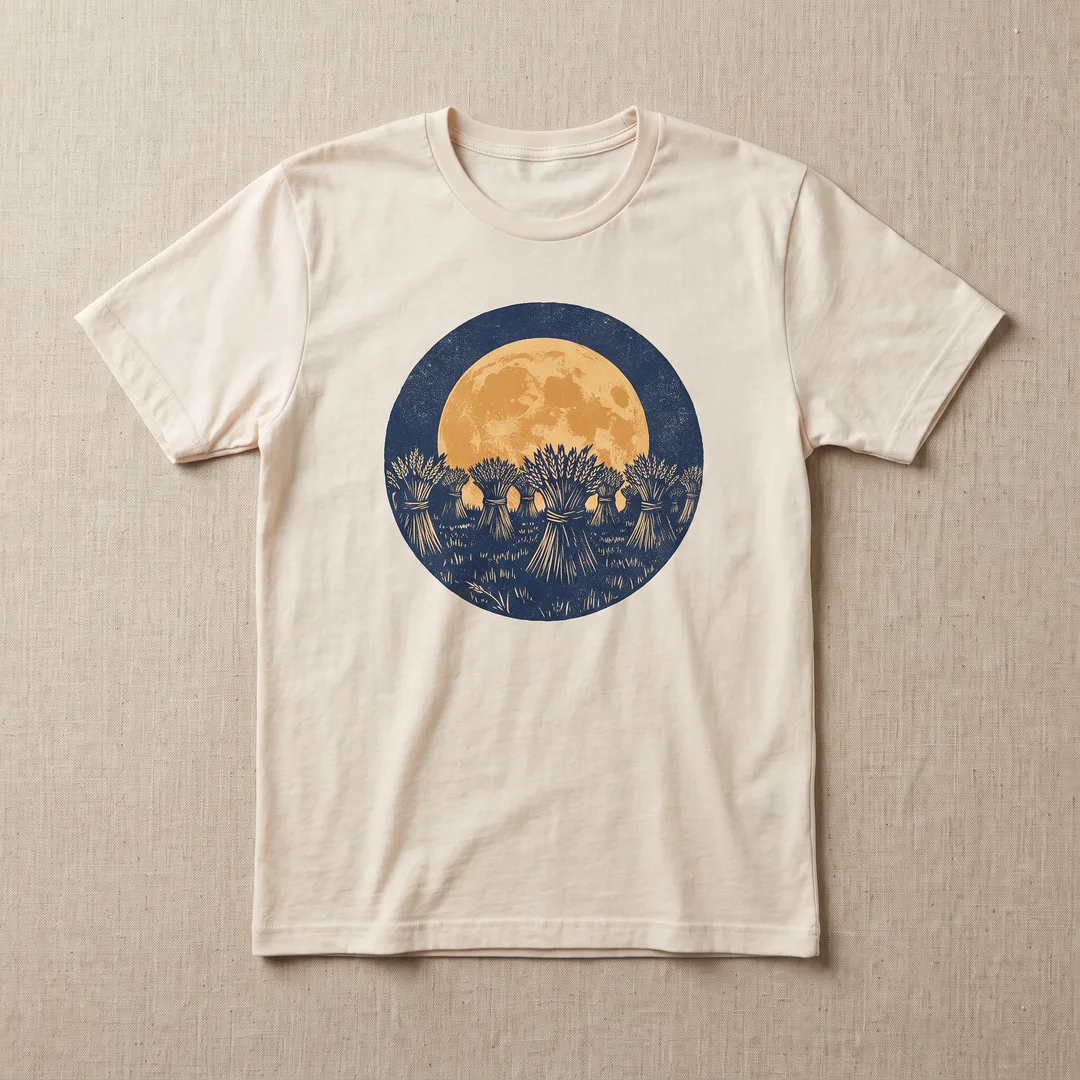 Bone t-shirt printed with a low amber full moon rising behind wheat sheaves