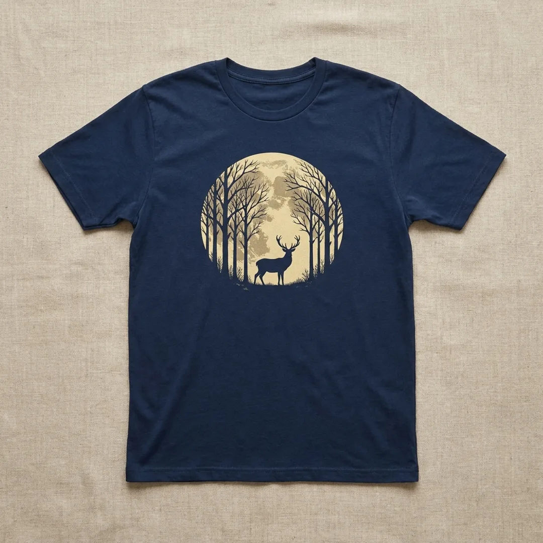 Navy t-shirt printed with a full moon over bare woodland and a stag