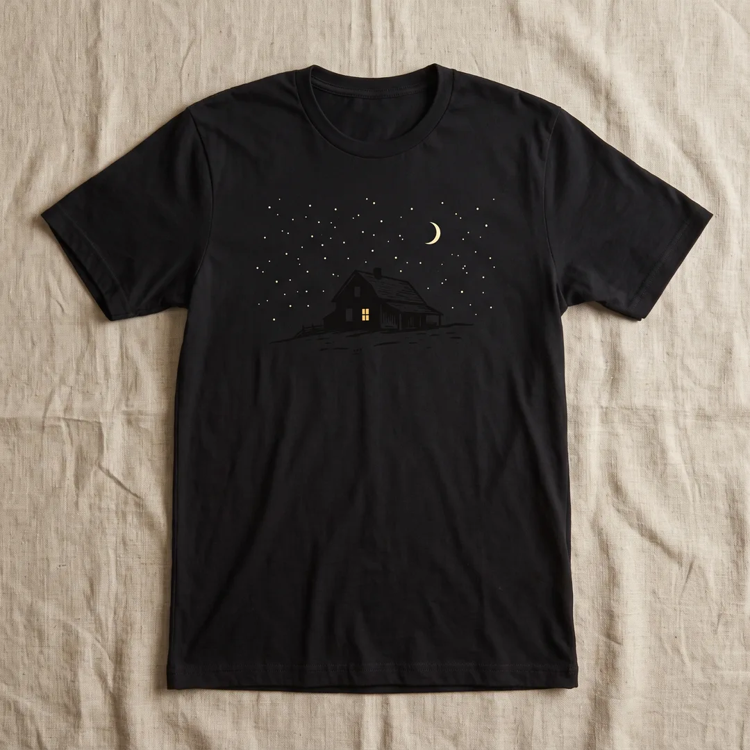 Black t-shirt printed with a lit farmhouse window under a starry sky