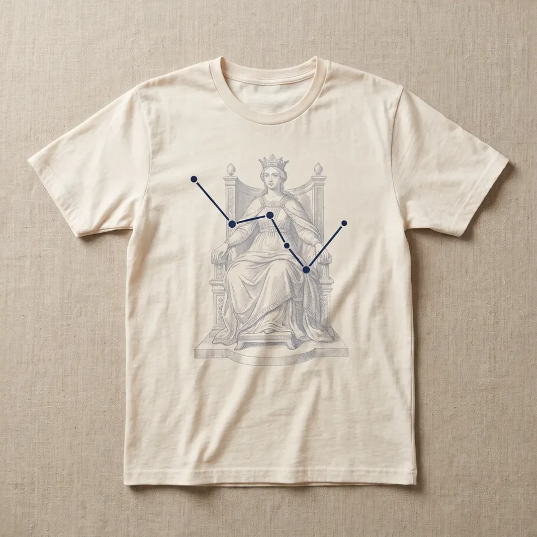 Bone t-shirt printed with the W-shaped Cassiopeia constellation over a seated queen