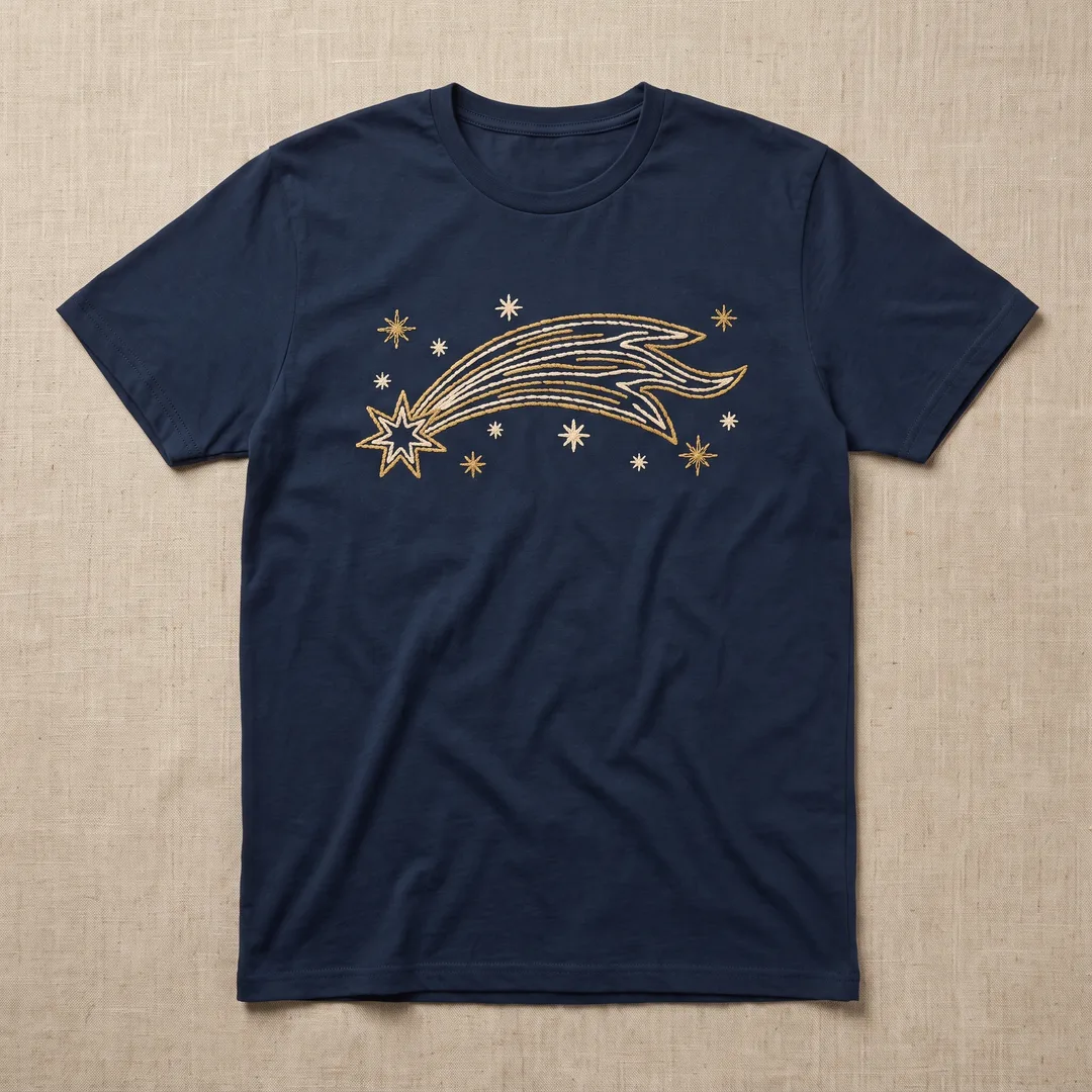 Navy t-shirt printed with a comet in an embroidered wall hanging style
