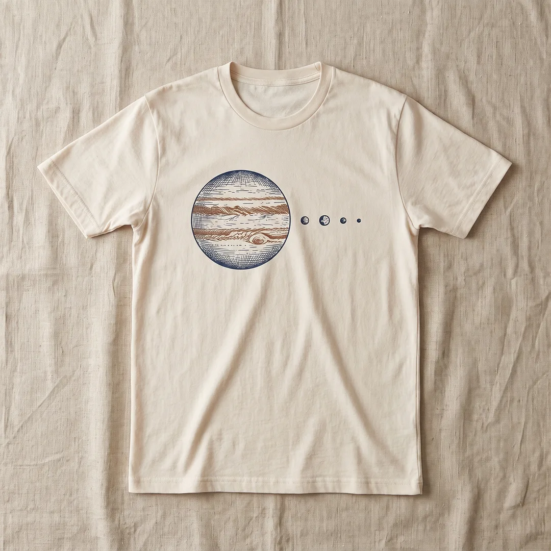 Bone t-shirt printed with a notebook-style sketch of Jupiter and four moons