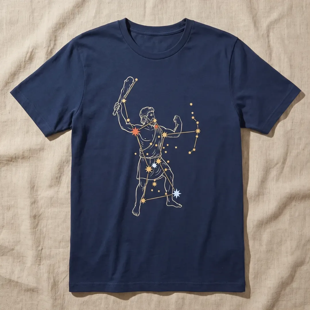 Navy t-shirt printed with the Orion constellation in gold over a faint hunter figure