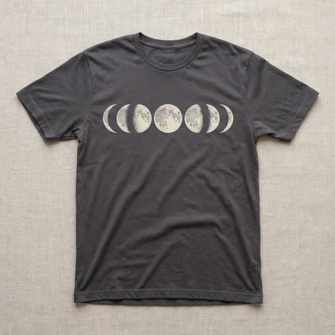 Charcoal t-shirt printed with a row of moons showing the lunar phases
