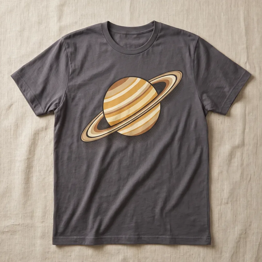 Charcoal t-shirt printed with a retro illustration of Saturn and its rings