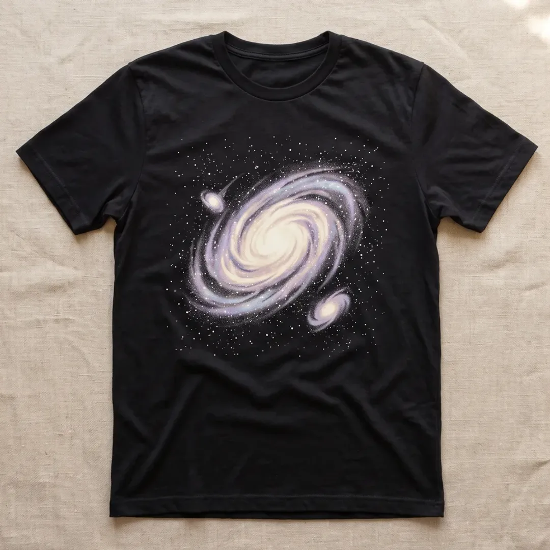 Black t-shirt printed with a glowing spiral galaxy among fine stars