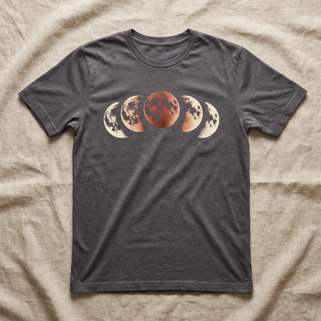 Charcoal t-shirt printed with an arc of moons turning copper red during an eclipse