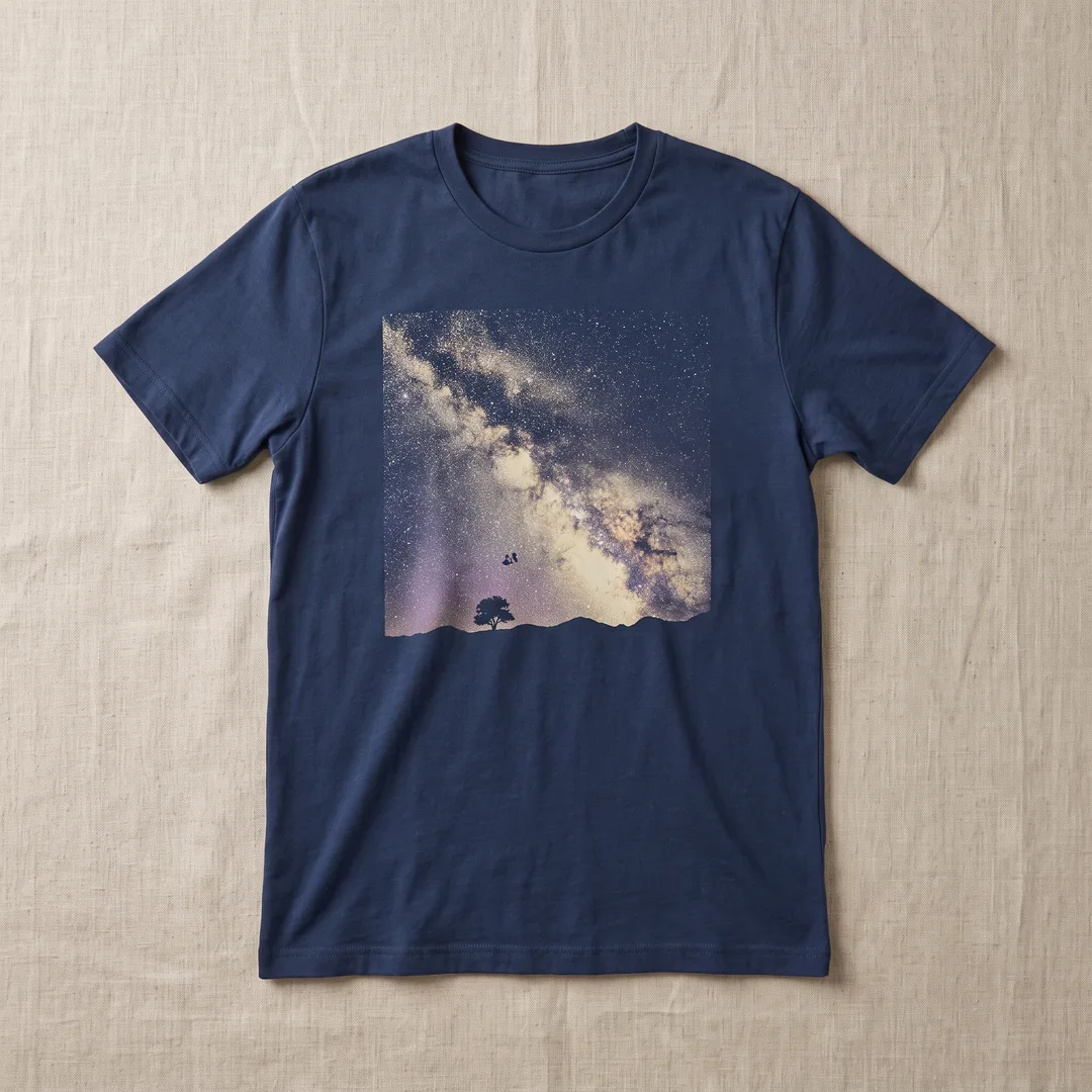 Navy t-shirt printed with a band of the Milky Way above silhouetted hills and a tree