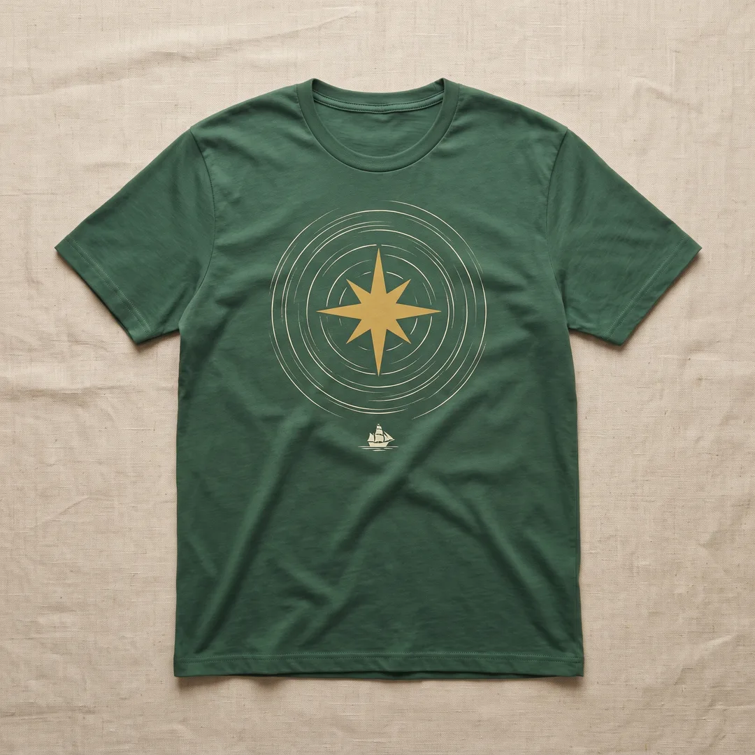 Forest green t-shirt printed with the North Star, circular star trails and a sailing ship