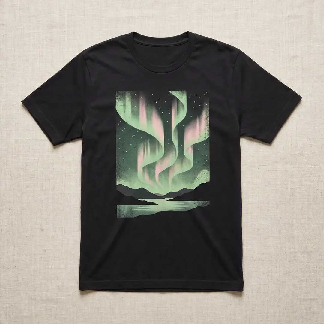 Black t-shirt printed with green and pink aurora over a Highland loch