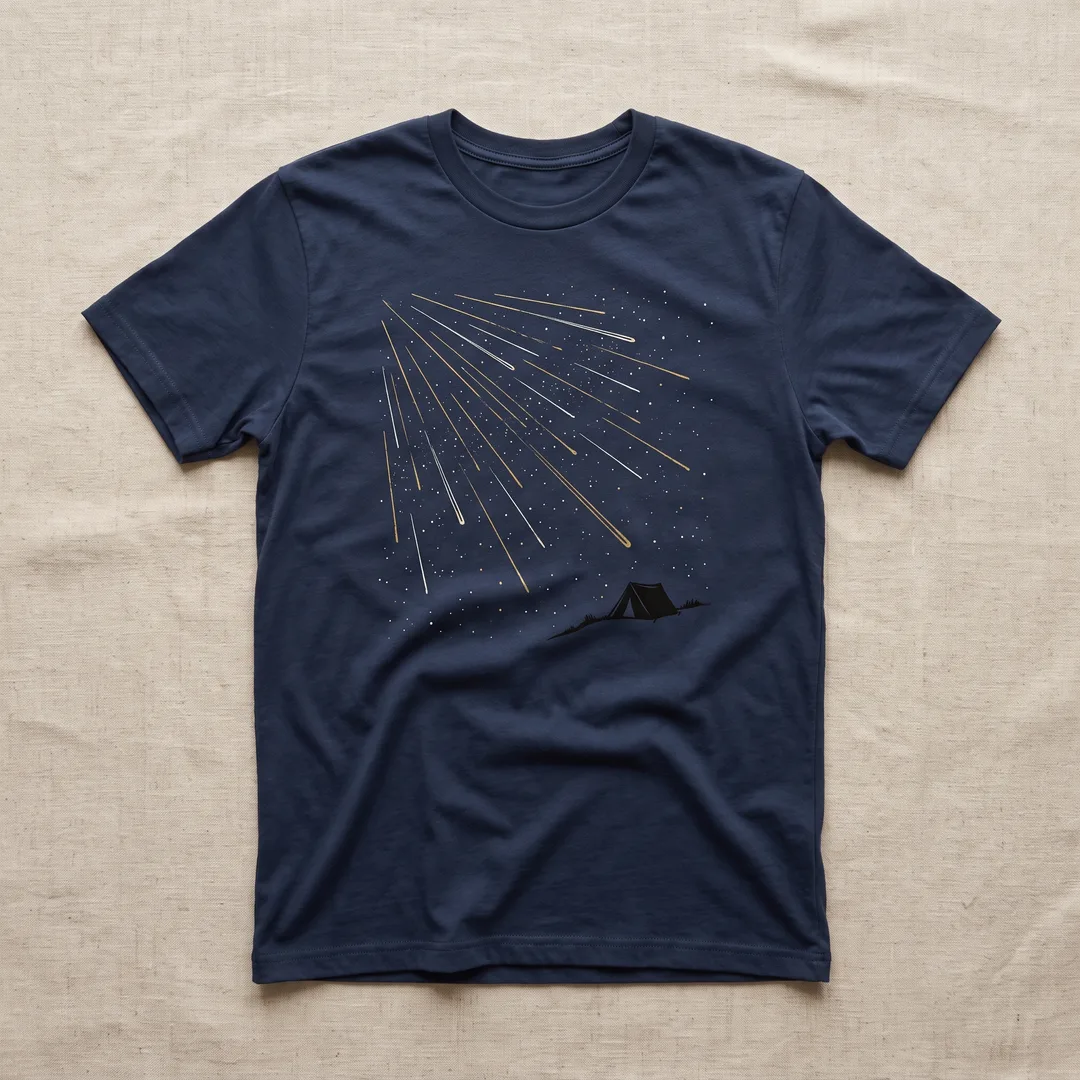 Navy t-shirt printed with meteor streaks over a tent on a hillside