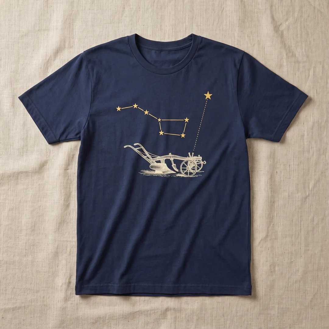Navy t-shirt printed with the Plough star pattern above an engraved farming plough