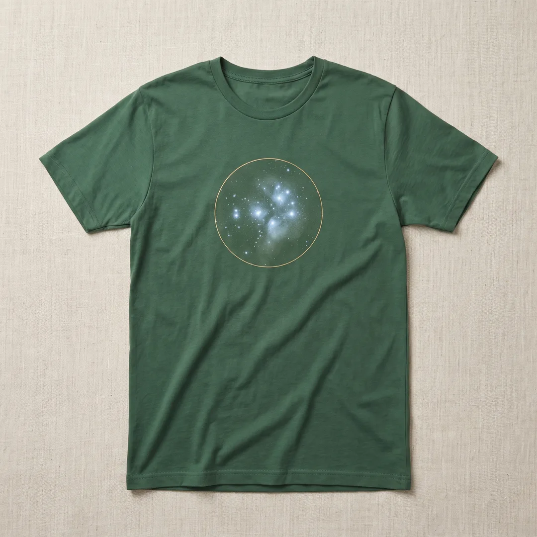 Forest green t-shirt printed with the Pleiades star cluster inside a gold circle