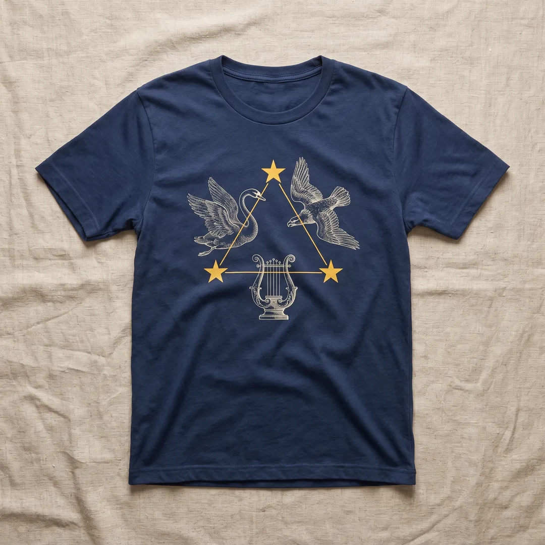 Navy t-shirt printed with three bright stars joined in a triangle with a swan, eagle and lyre
