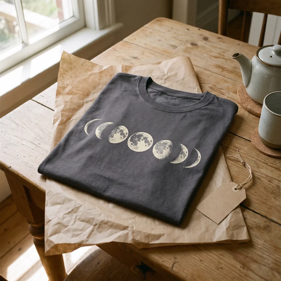 The charcoal Phases of the Moon tee unwrapped from kraft tissue paper on a kitchen table