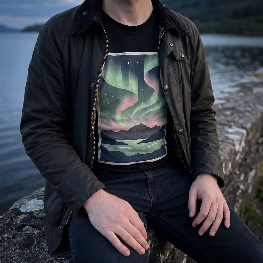 A customer sitting on a stone wall by a loch wearing the black Northern Lights tee under a waxed jacket