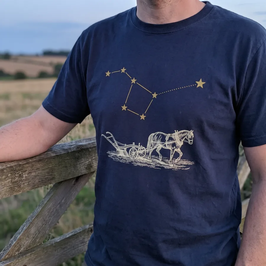 A customer leaning on a farm gate at dusk wearing the navy Plough tee