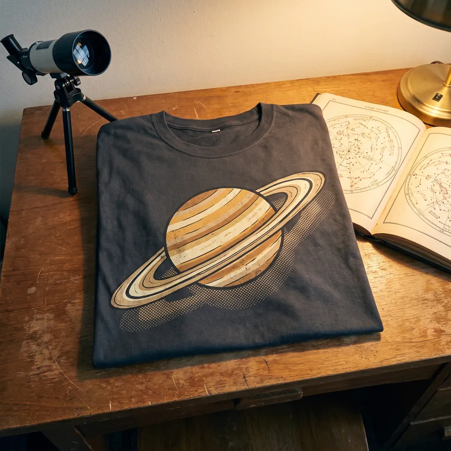 The charcoal Saturn and Its Rings tee folded on a desk beside a small telescope and a star chart book